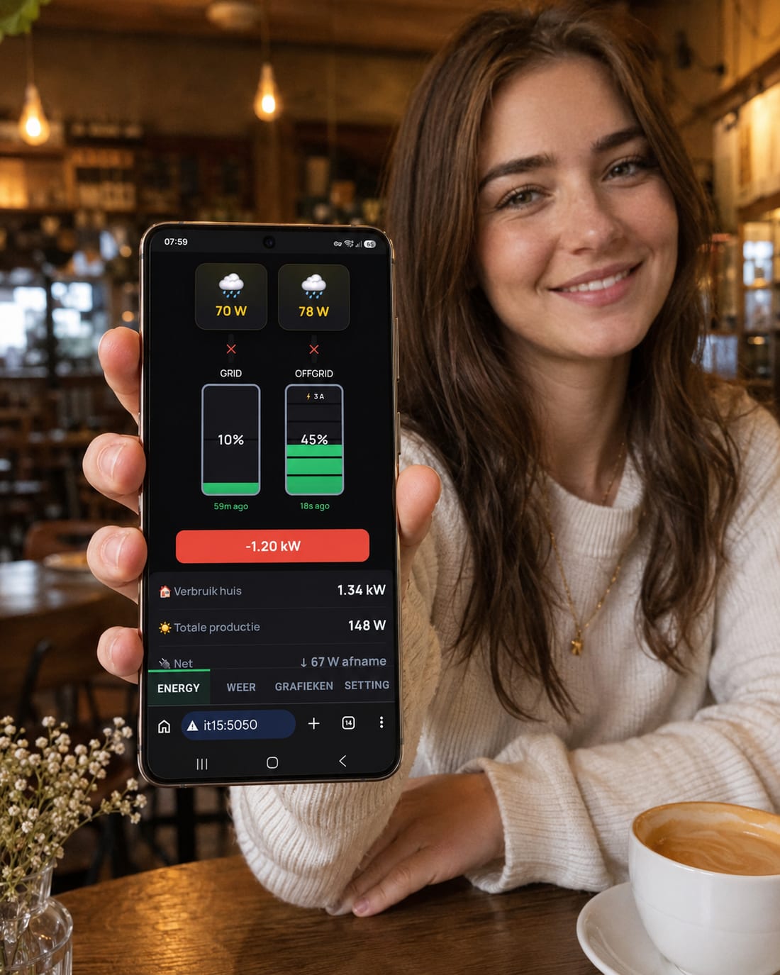 Energie-app op maat op een smartphone — live verbruik, batterijen en productie onderweg