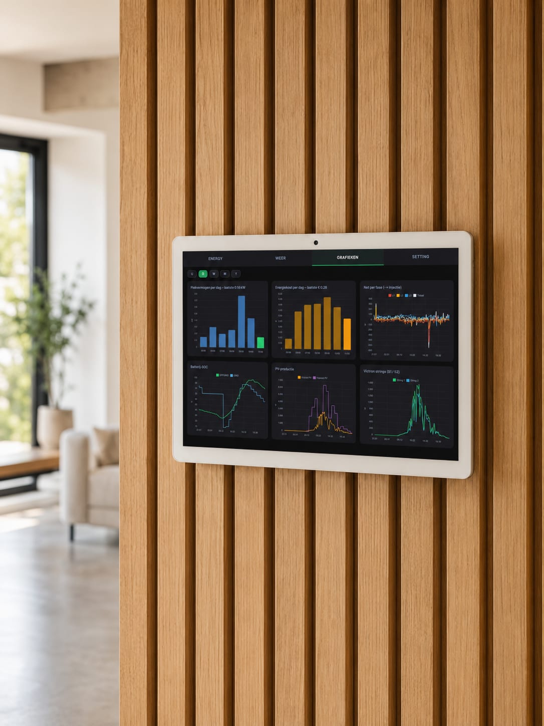 Energie-app op een wandtablet — grafieken van PV-productie, batterij-SOC en netafname